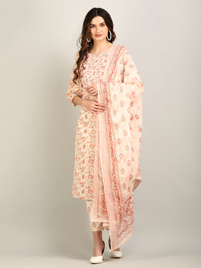 Women's Off White Floral Printed Embroidered Smocked Detailed Cotton Kurta with Trouser & Dupatta