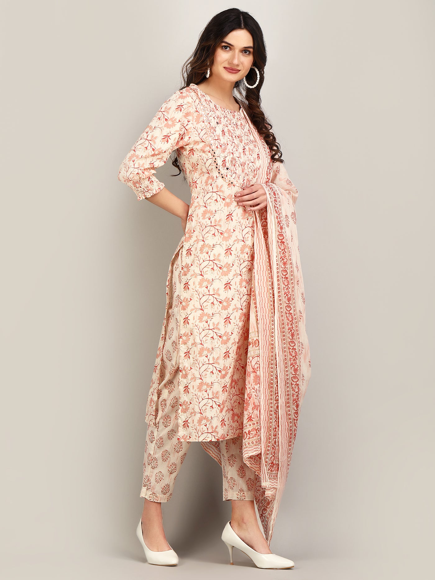 Women's Off White Floral Printed Embroidered Smocked Detailed Cotton Kurta with Trouser & Dupatta