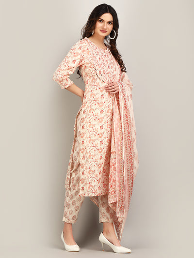 Women's Off White Floral Printed Embroidered Smocked Detailed Cotton Kurta with Trouser & Dupatta