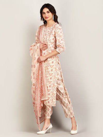 Women's Off White Floral Printed Embroidered Smocked Detailed Cotton Kurta with Trouser & Dupatta