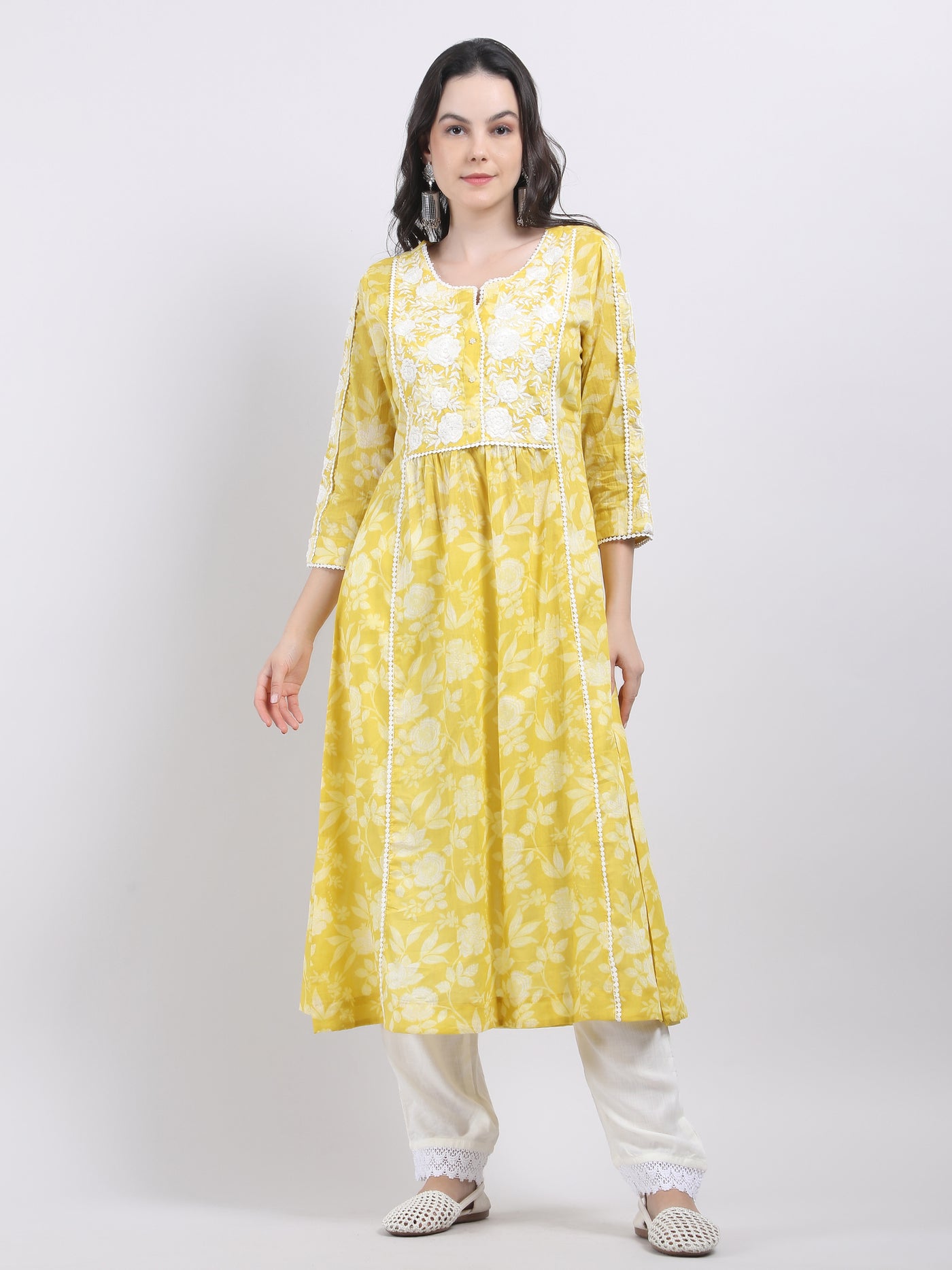 Women's Yellow Floral Printed Cotton A - Line Chikankari Embroidered Kurta