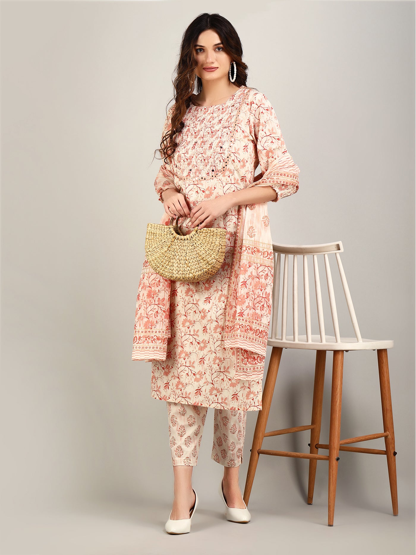 Women's Off White Floral Printed Embroidered Smocked Detailed Cotton Kurta with Trouser & Dupatta