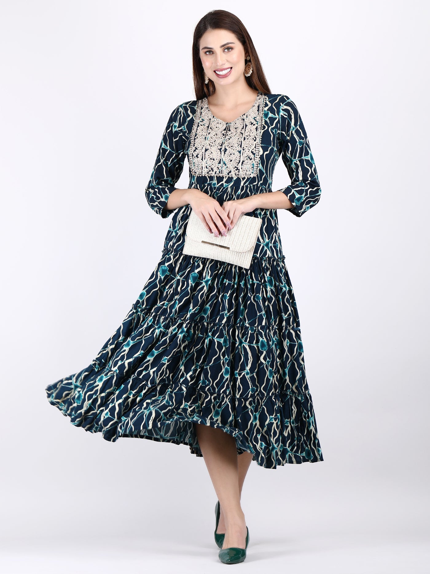 Women's Blue Embroidered Overall Printed Tiered Gown