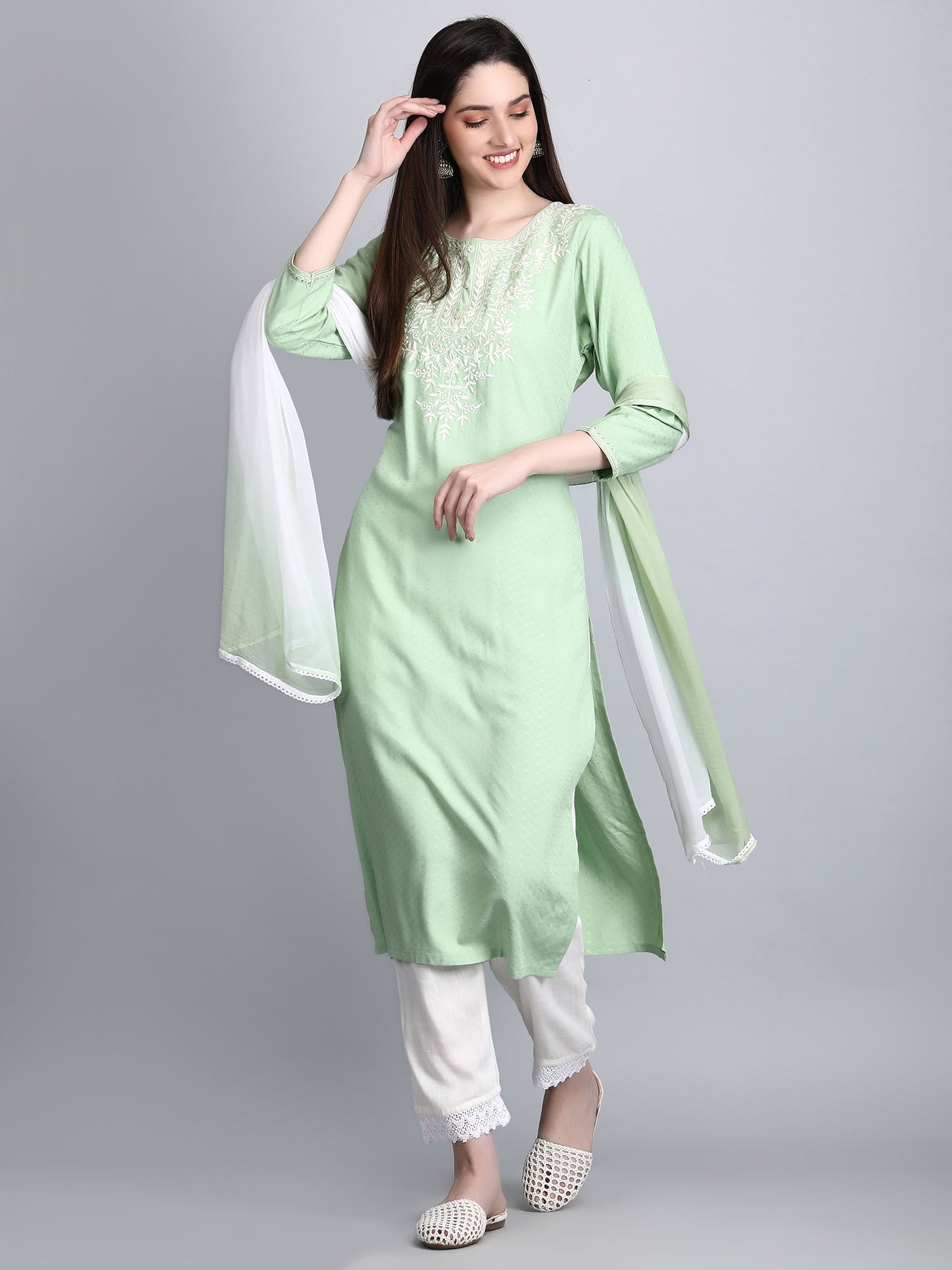 Women's Green Chikankari Embroidered Kurta Set with Dupatta