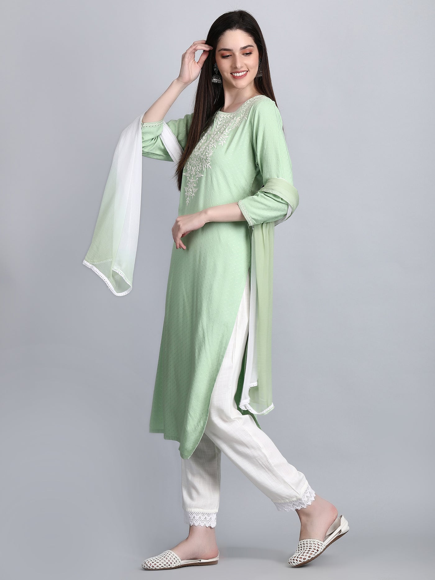 Women's Green Chikankari Embroidered Kurta Set with Dupatta