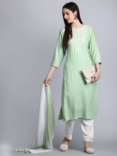 Women's Green Chikankari Embroidered Kurta Set with Dupatta