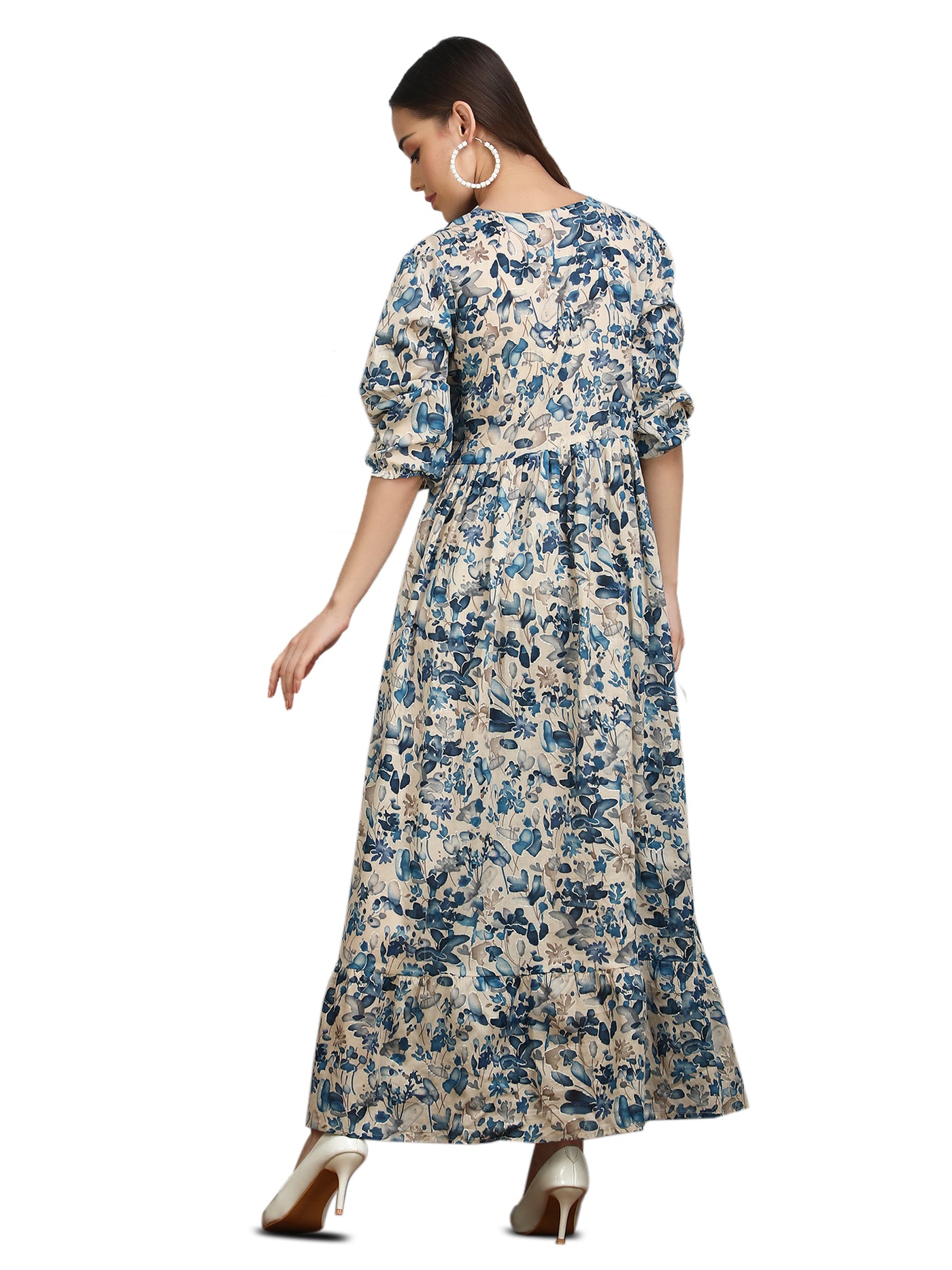 Robe longue à imprimé floral indigo pour femme avec manches bouffantes