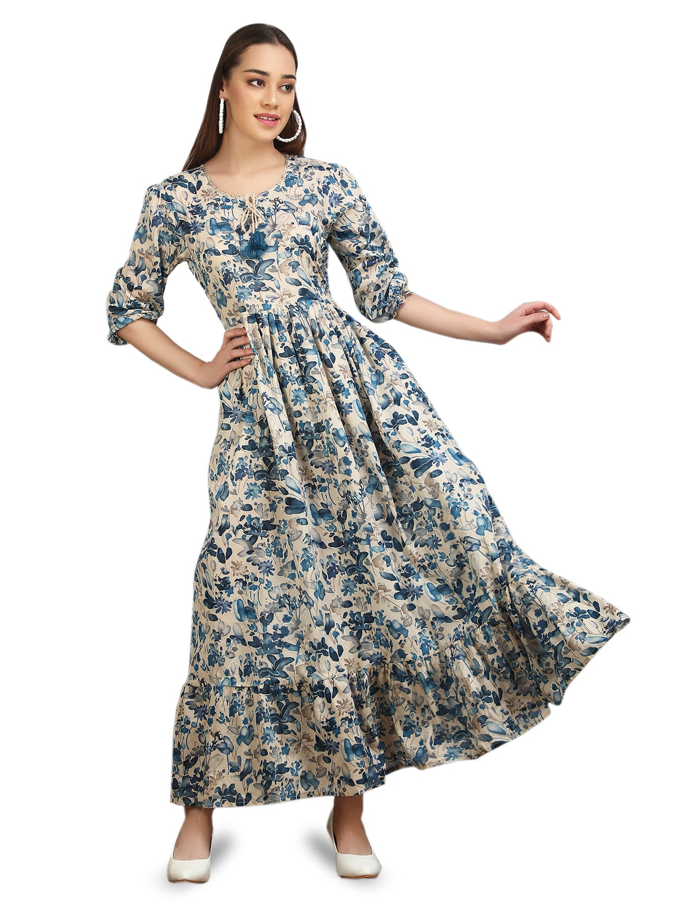 Robe longue à imprimé floral indigo pour femme avec manches bouffantes