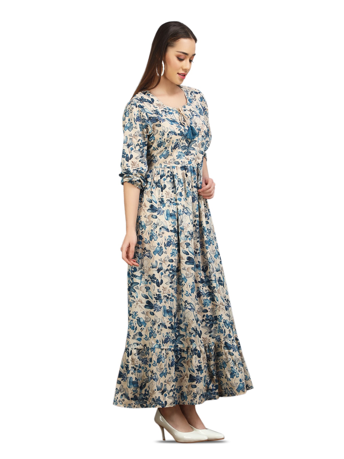 Women's Indigo Floral Printed Maxi Dress With Puffed Sleeves