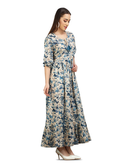 Robe longue à imprimé floral indigo pour femme avec manches bouffantes