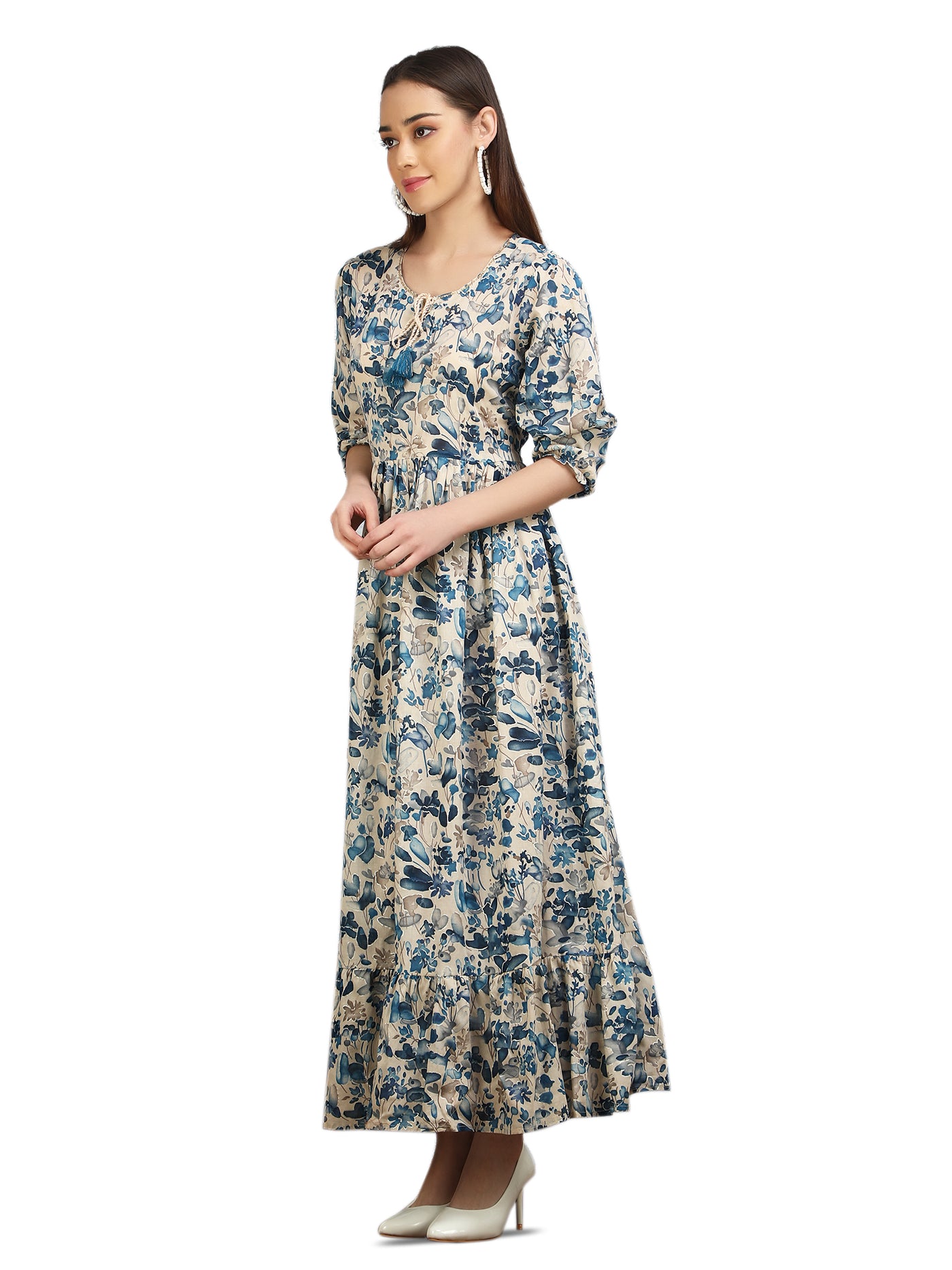 Robe longue à imprimé floral indigo pour femme avec manches bouffantes