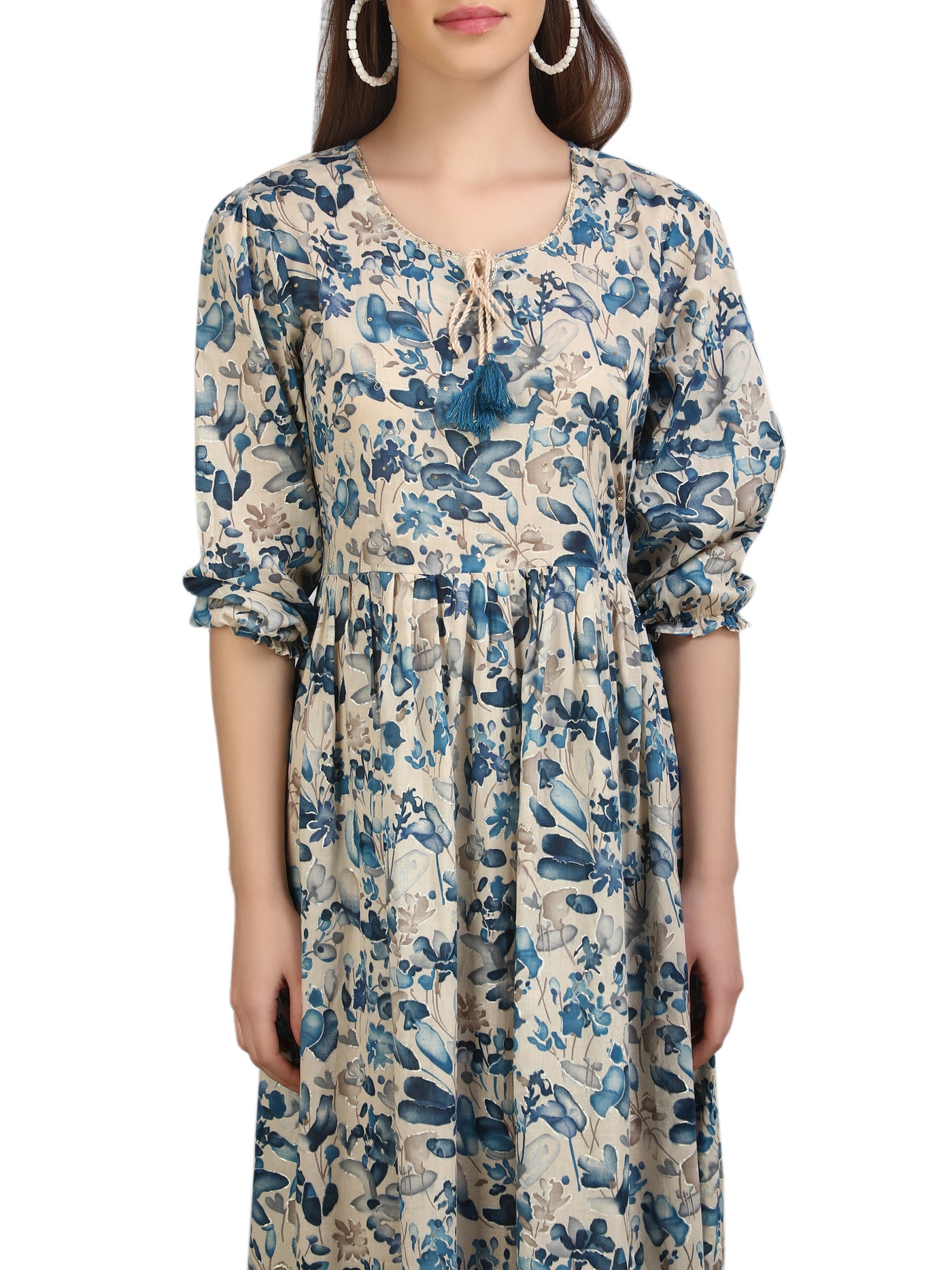 Robe longue à imprimé floral indigo pour femme avec manches bouffantes