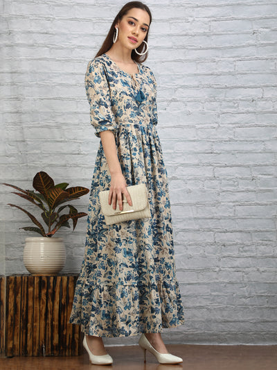 Women's Indigo Floral Printed Maxi Dress With Puffed Sleeves