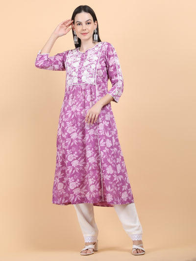 Women's Purple Floral Printed Cotton A - Line Chikankari Embroidered Kurta