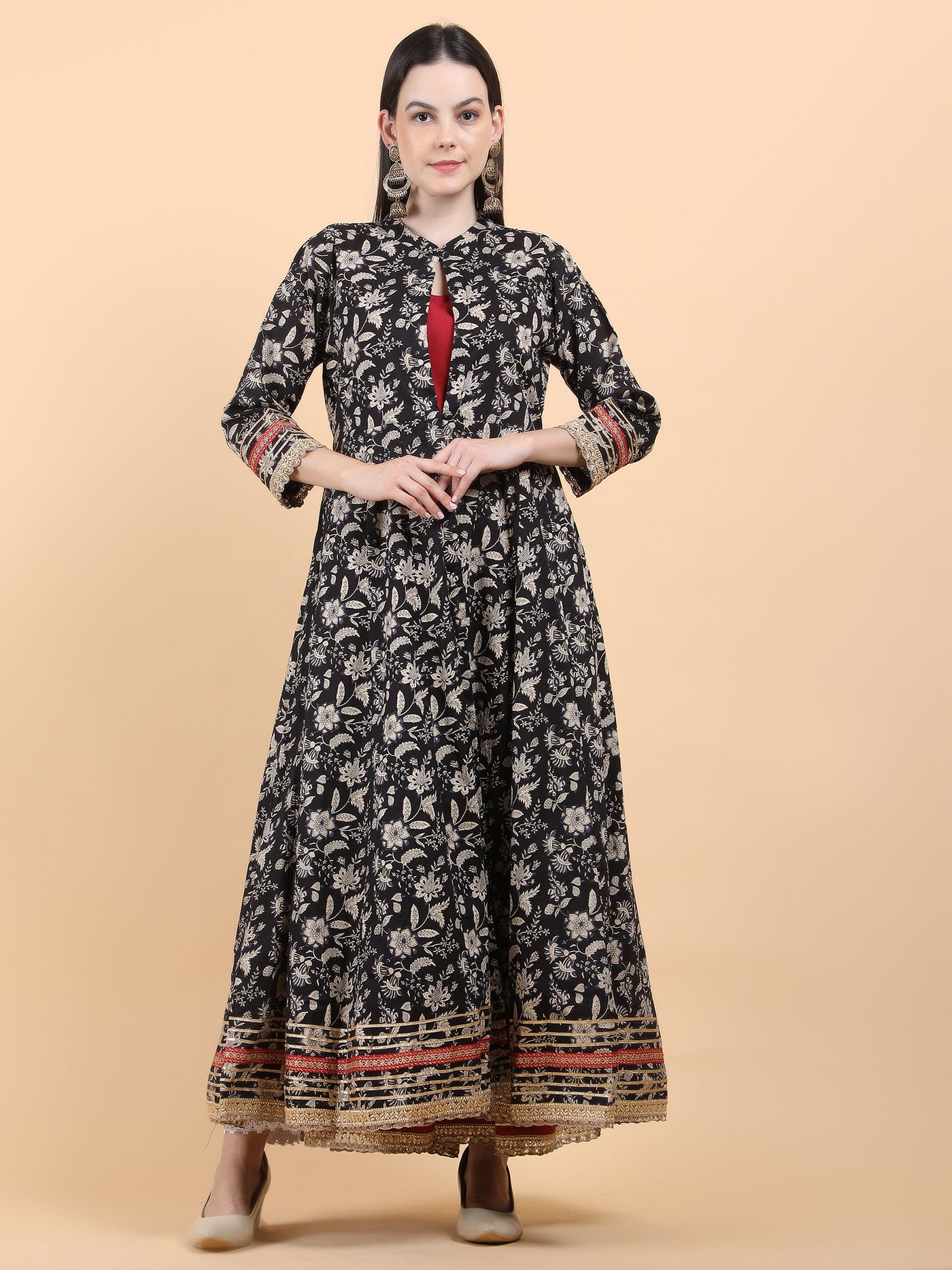 Women's Black & Maroon Designer Anarkali Long Gown with Jacket