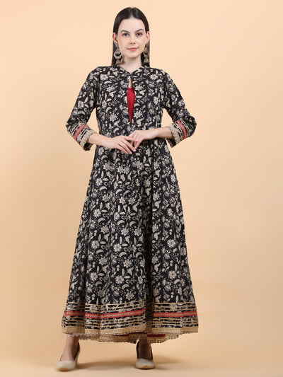 Robe longue Anarkali noire et marron pour femme avec veste