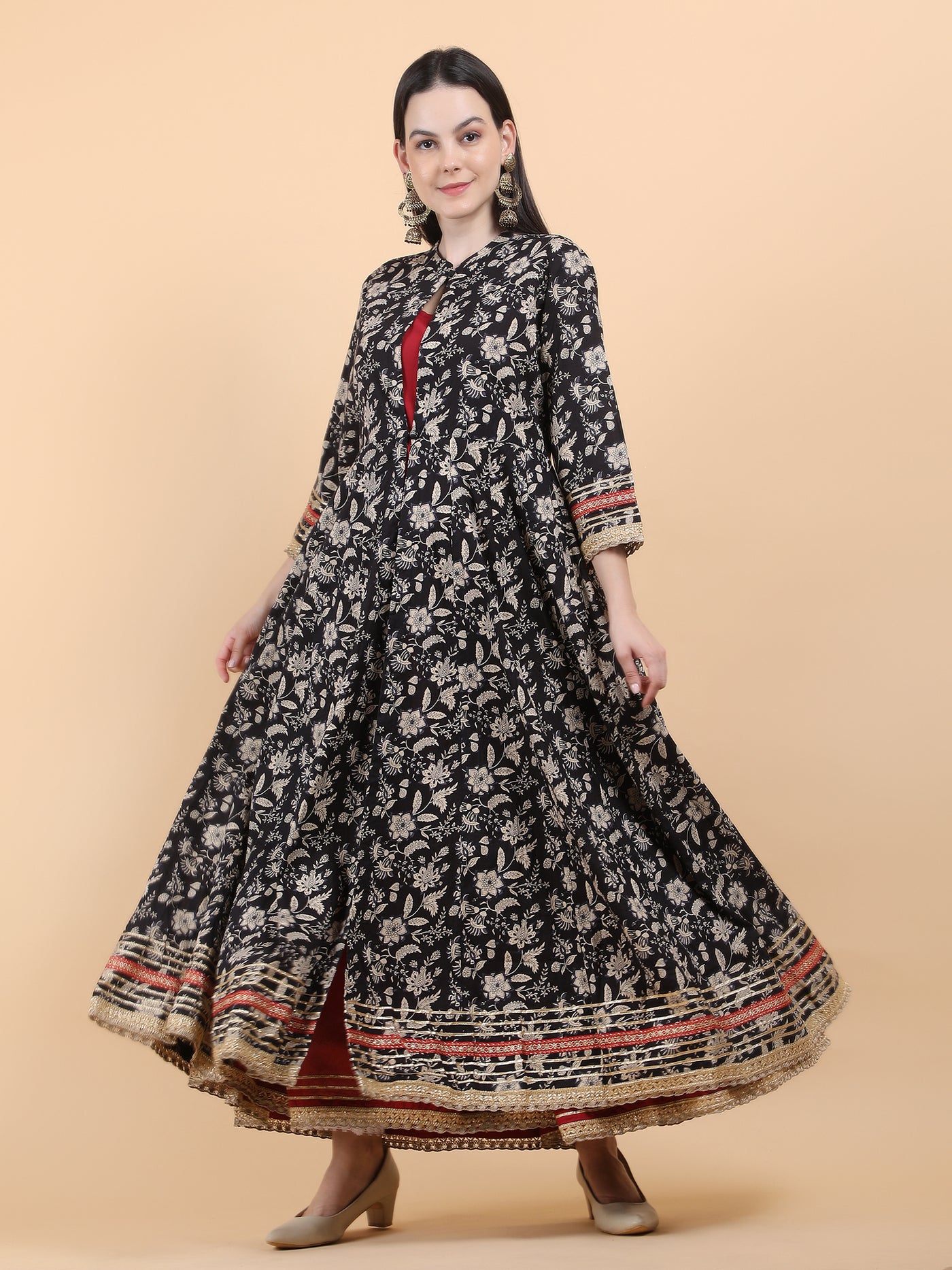 Robe longue Anarkali noire et marron pour femme avec veste