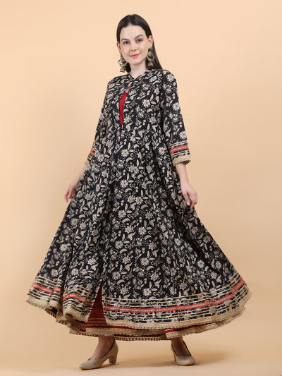 Robe longue Anarkali noire et marron pour femme avec veste