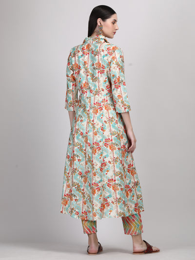 Women's Floral Printed Lapel Collar A - Line Front Open Co- Ord Set