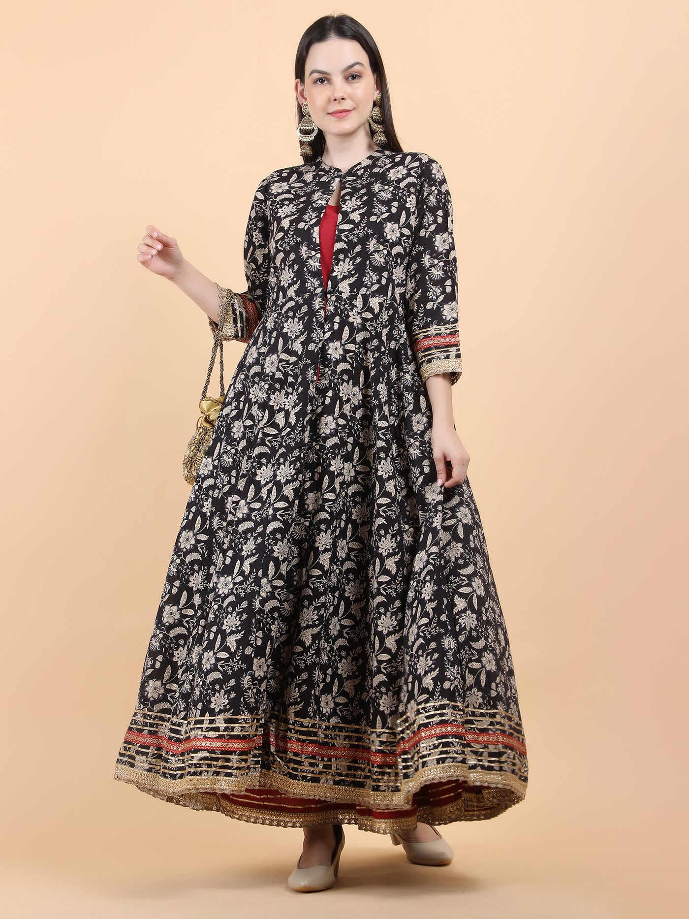 Robe longue Anarkali noire et marron pour femme avec veste