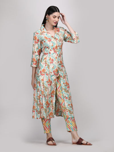 Women's Floral Printed Lapel Collar A - Line Front Open Co- Ord Set