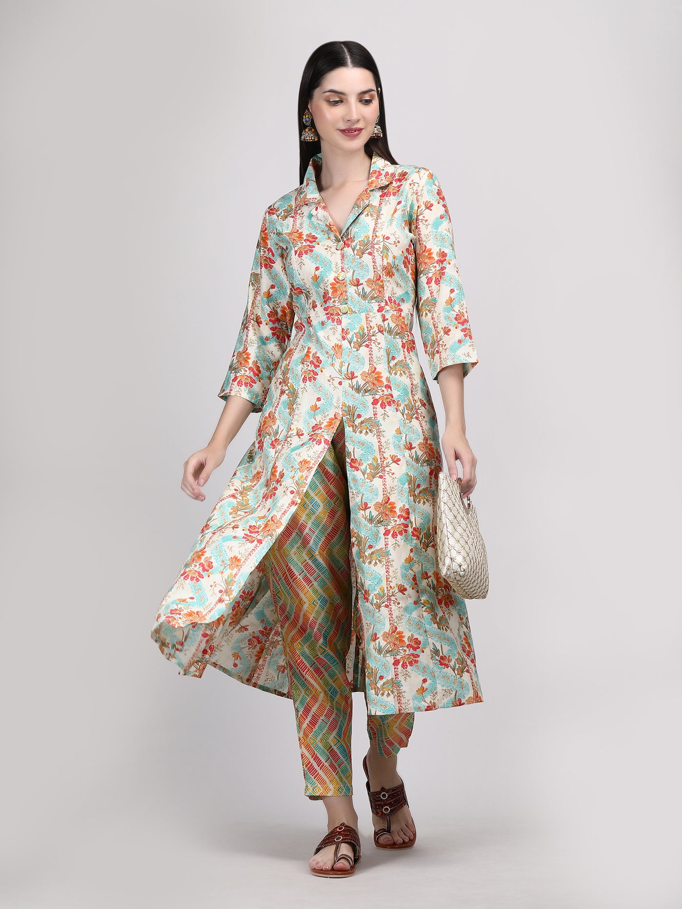 Women's Floral Printed Lapel Collar A - Line Front Open Co- Ord Set