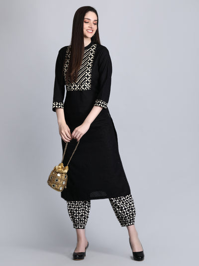 Women's Black Dobby Staright Kurta with Printed Afghani Salwar