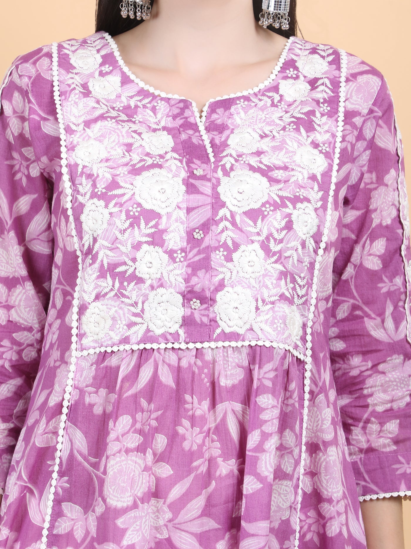 Women's Purple Floral Printed Cotton A - Line Chikankari Embroidered Kurta