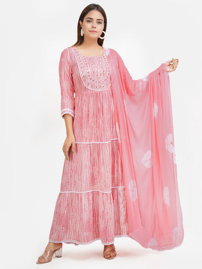 Women Pink & White Embroidered Ethnic A line Tiered maxi Dress With Dupatta | Anarkali Gown