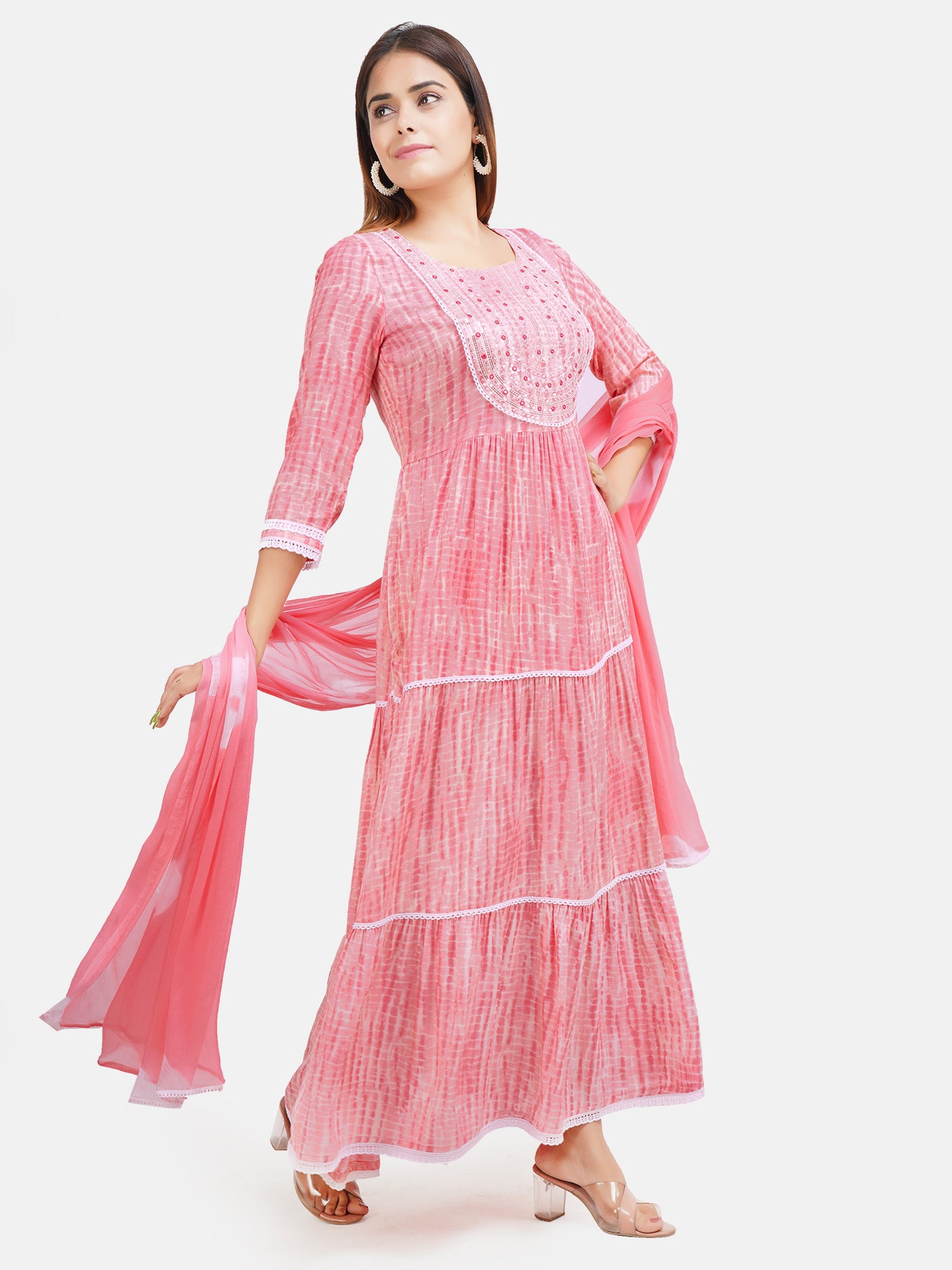 Women Pink & White Embroidered Ethnic A line Tiered maxi Dress With Dupatta | Anarkali Gown