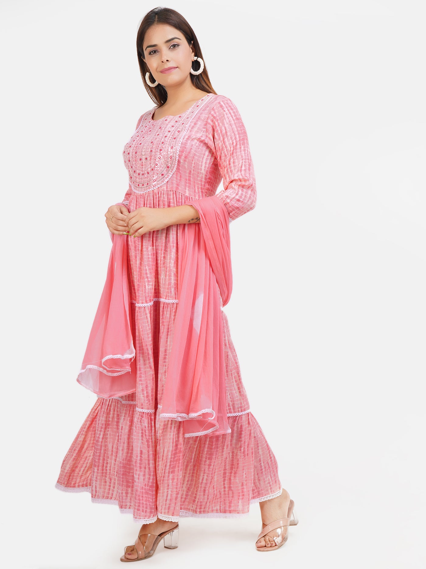 Women Pink & White Embroidered Ethnic A line Tiered maxi Dress With Dupatta | Anarkali Gown