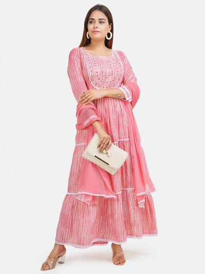 Women Pink & White Embroidered Ethnic A line Tiered maxi Dress With Dupatta | Anarkali Gown