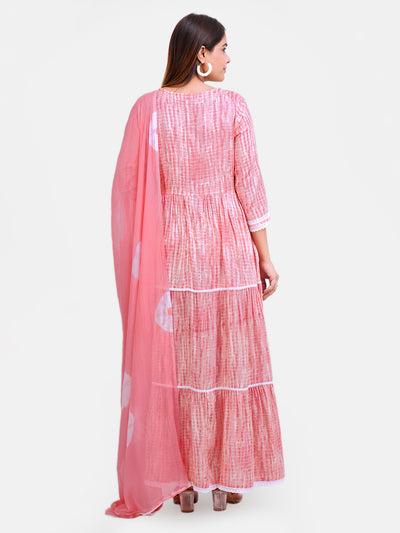 Women Pink & White Embroidered Ethnic A line Tiered maxi Dress With Dupatta | Anarkali Gown