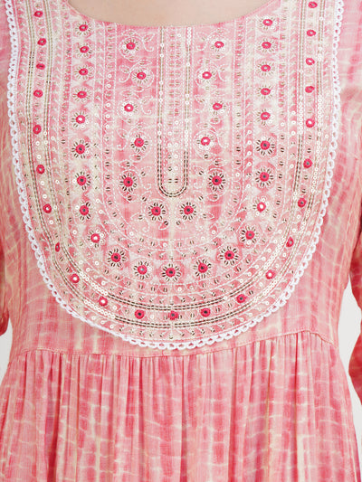 Women Pink & White Embroidered Ethnic A line Tiered maxi Dress With Dupatta | Anarkali Gown