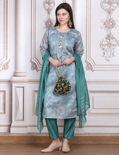 Pink Weaves Women's Turquoise Blue Embroidered Kurta Pant With Dupatta Set