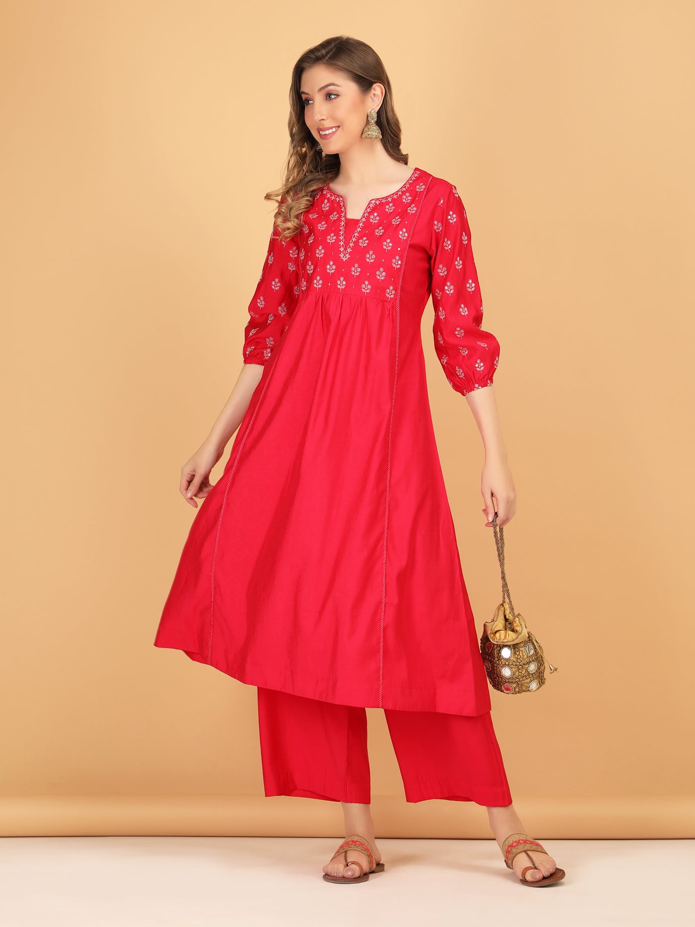 Women's Pink Aari Worked Embroidered Modal Silk A-Line Kurta Set | Kurta Set for Women