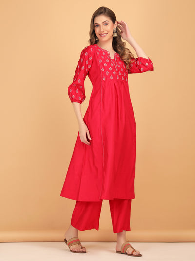 Women's Pink Aari Worked Embroidered Modal Silk A-Line Kurta Set | Kurta Set for Women