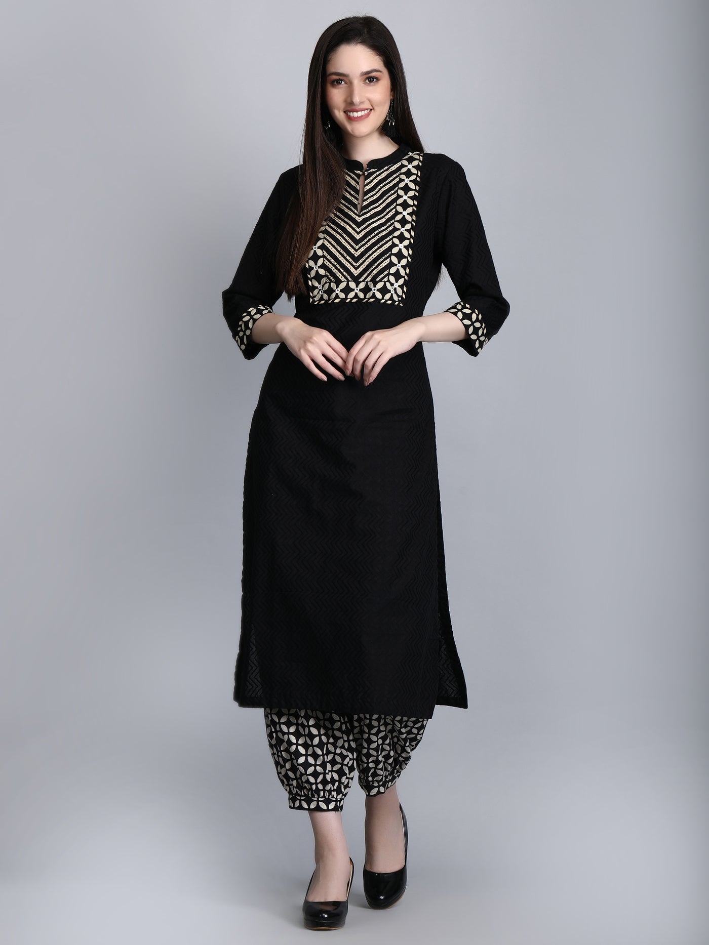 Women's Black Dobby Staright Kurta with Printed Afghani Salwar