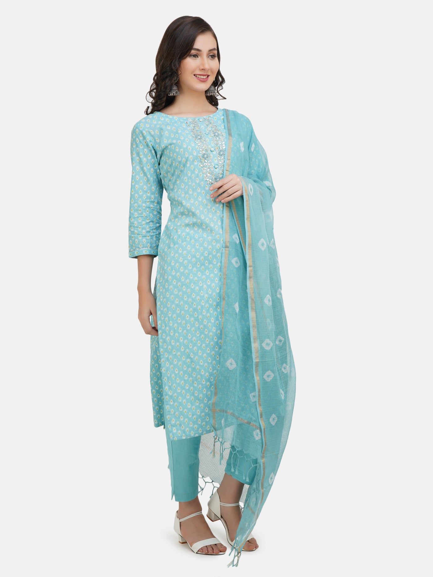 Women's Turquoise Blue ethnic motifs printed embroidered cotton kurta set