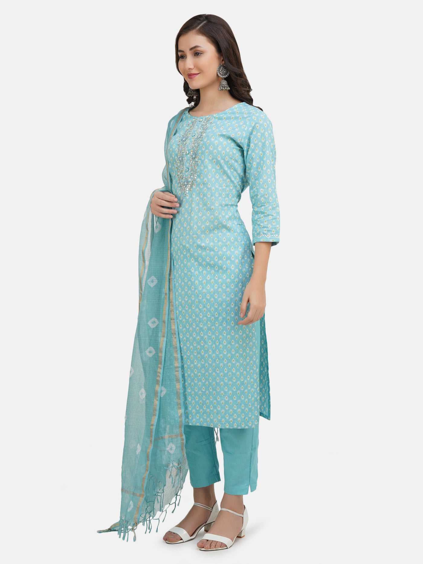 Women's Turquoise Blue ethnic motifs printed embroidered cotton kurta set