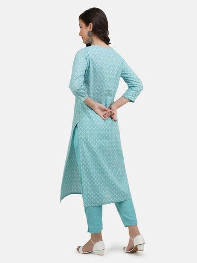 Women's Turquoise Blue ethnic motifs printed embroidered cotton kurta set