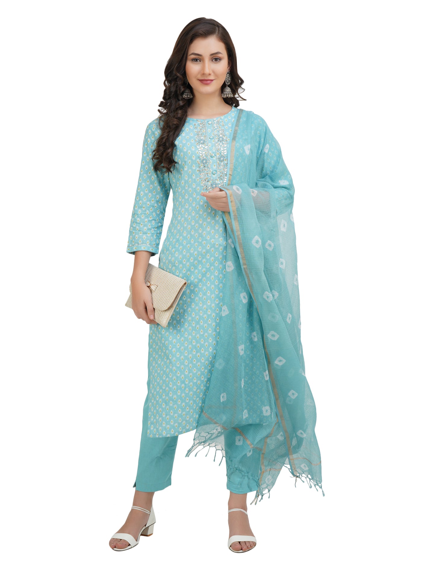 Women's Turquoise Blue ethnic motifs printed embroidered cotton kurta set