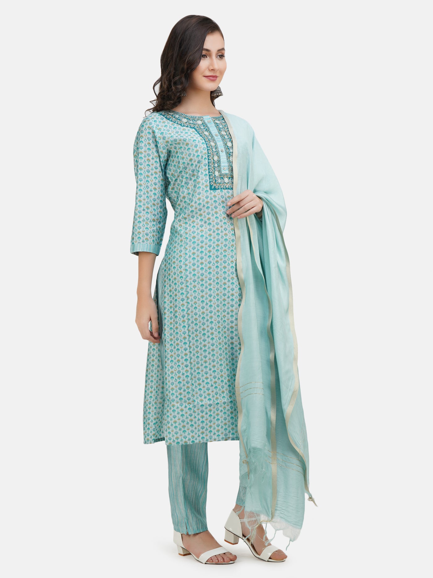 Women's Sea Green Embroidered Printed Kurta With Trouser And Dupatta