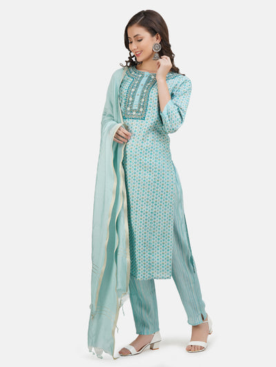 Women's Sea Green Embroidered Printed Kurta With Trouser And Dupatta