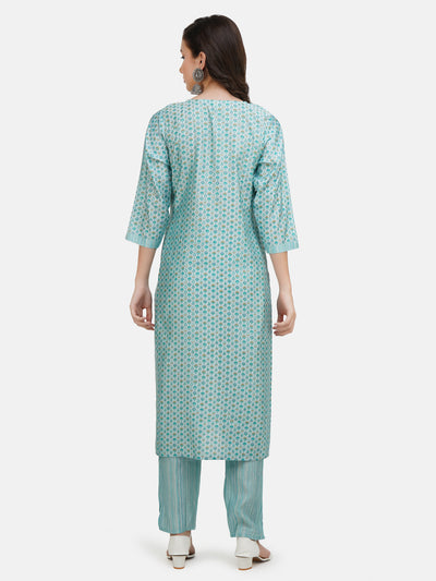 Women's Sea Green Embroidered Printed Kurta With Trouser And Dupatta