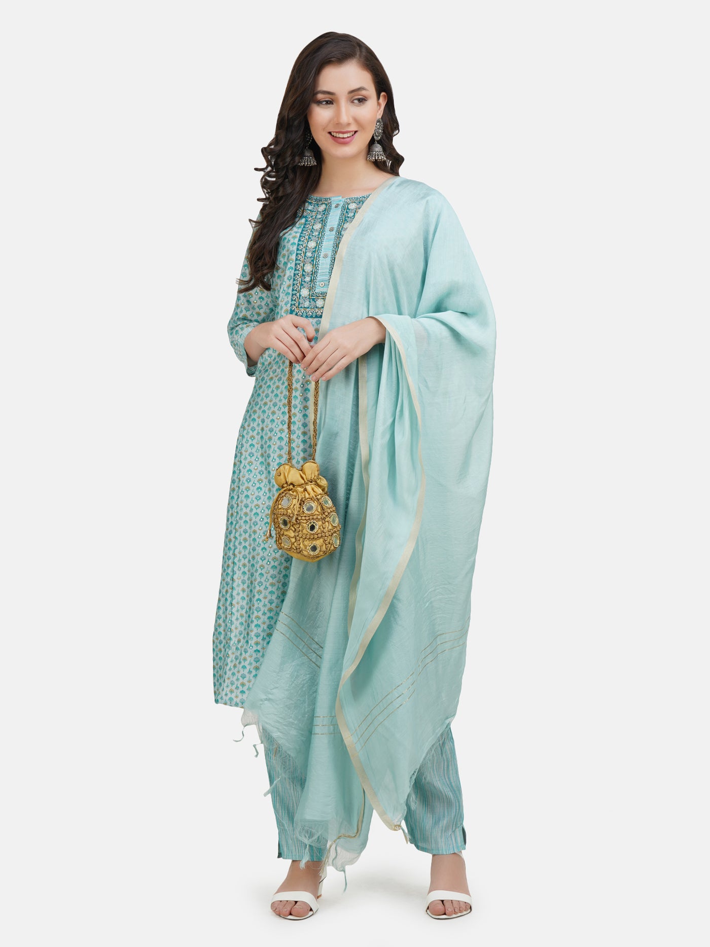 Women's Sea Green Embroidered Printed Kurta With Trouser And Dupatta