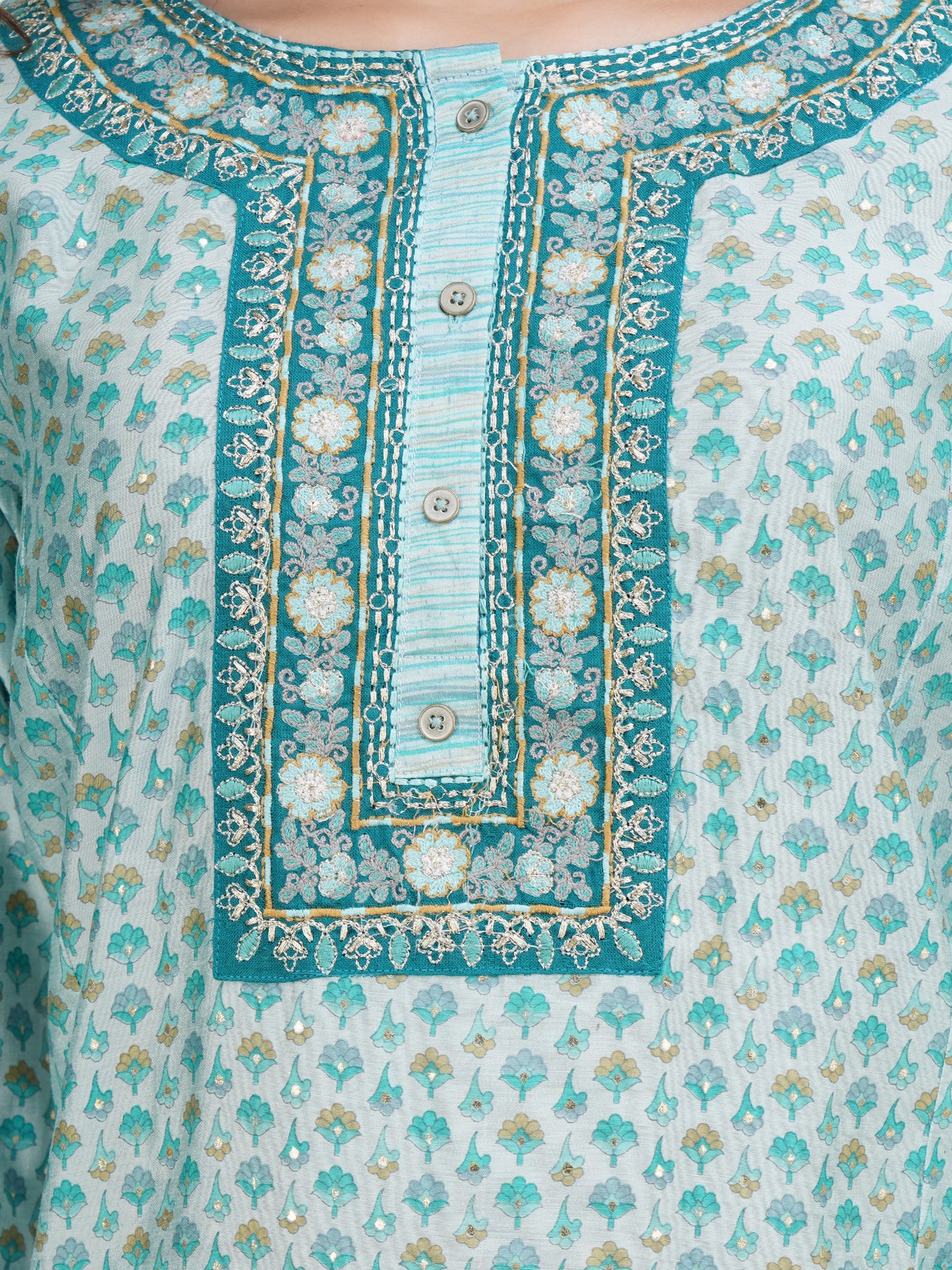 Women's Sea Green Embroidered Printed Kurta With Trouser And Dupatta