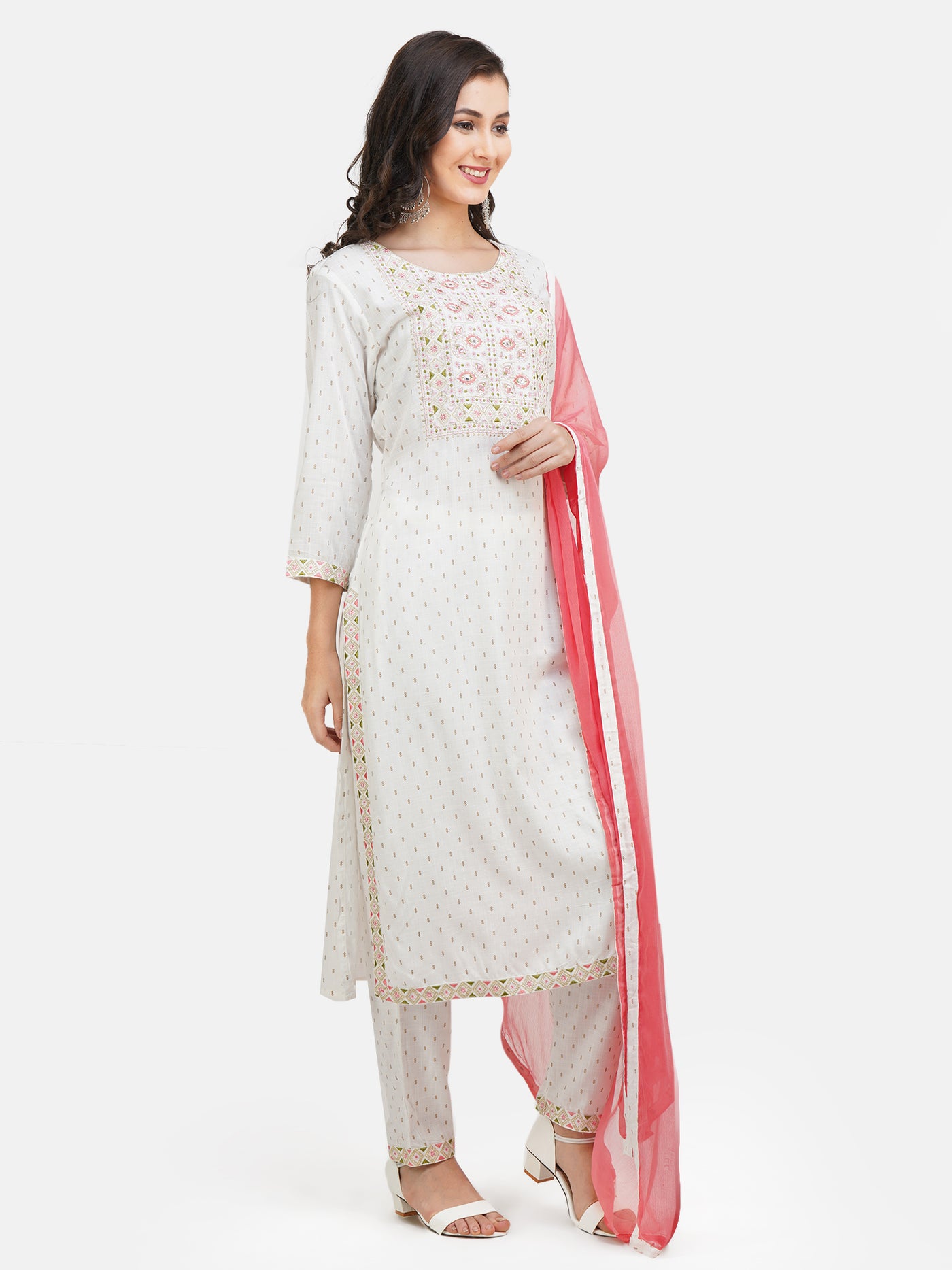 Women's White Embroidery Work Printed Kurta With Trouser & Dupatta