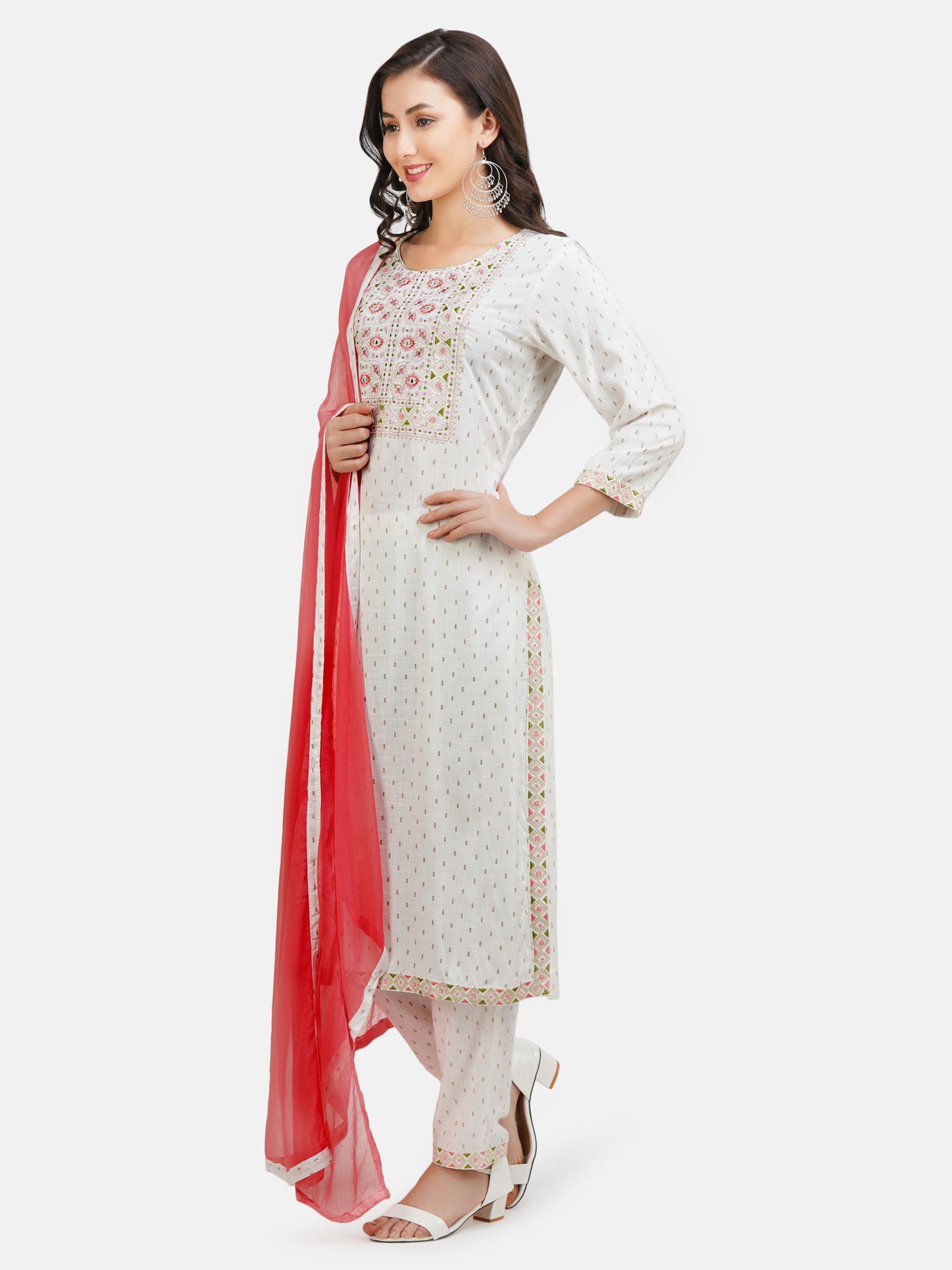 Women's White Embroidery Work Printed Kurta With Trouser & Dupatta