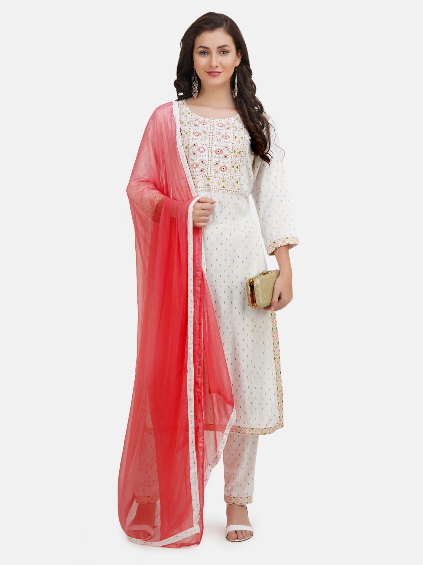 Women's White Embroidery Work Printed Kurta With Trouser & Dupatta